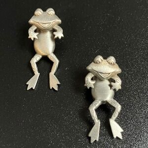 JJ Frog Jacket Earrings Silver Tone Vintage Front Back Novelty Whimsical Fun